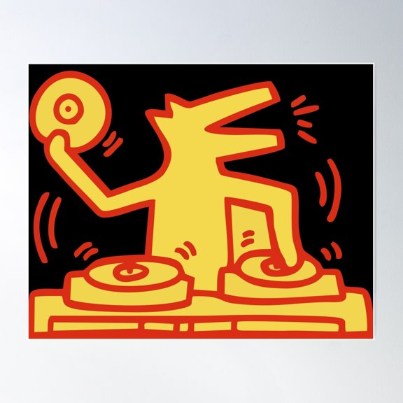 Dj Dog Haring Music Kieth Pop Art Gold Poster Wall Art, Modern Wall Decor For Living Room Bedroom, 8x12 UNFRAMED