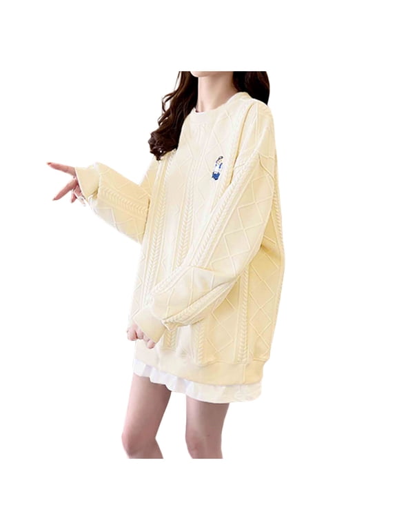 Cute Sweater Women Oversize Long Sleeve Crew Neck Bear Graphic Embroidery Knitted Sweatshirt Winter Sweaters