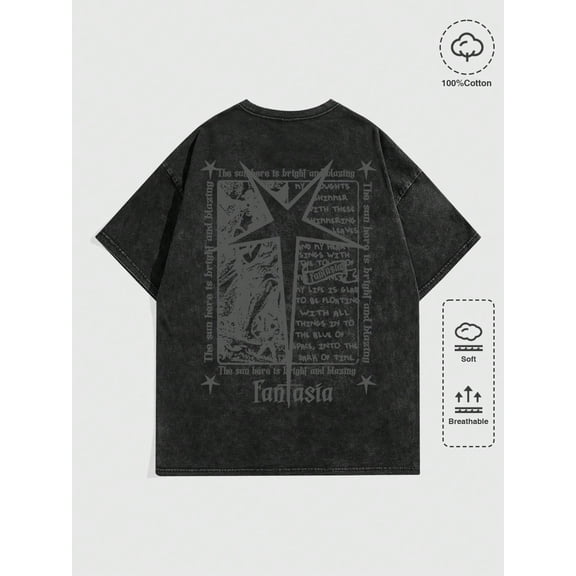 Gothic Cross And Star Graphic Vintage Oversized Washed High Street Grunge Y2K Short Sleeve Crewneck Cotton Unisex Men's Women's Tee Shirt