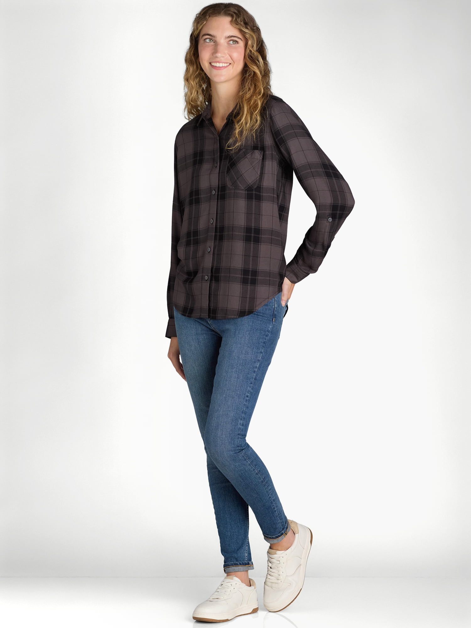 Time and Tru Women's Soft Button Up Shirt with Long Sleeves, Sizes XS-XXXL