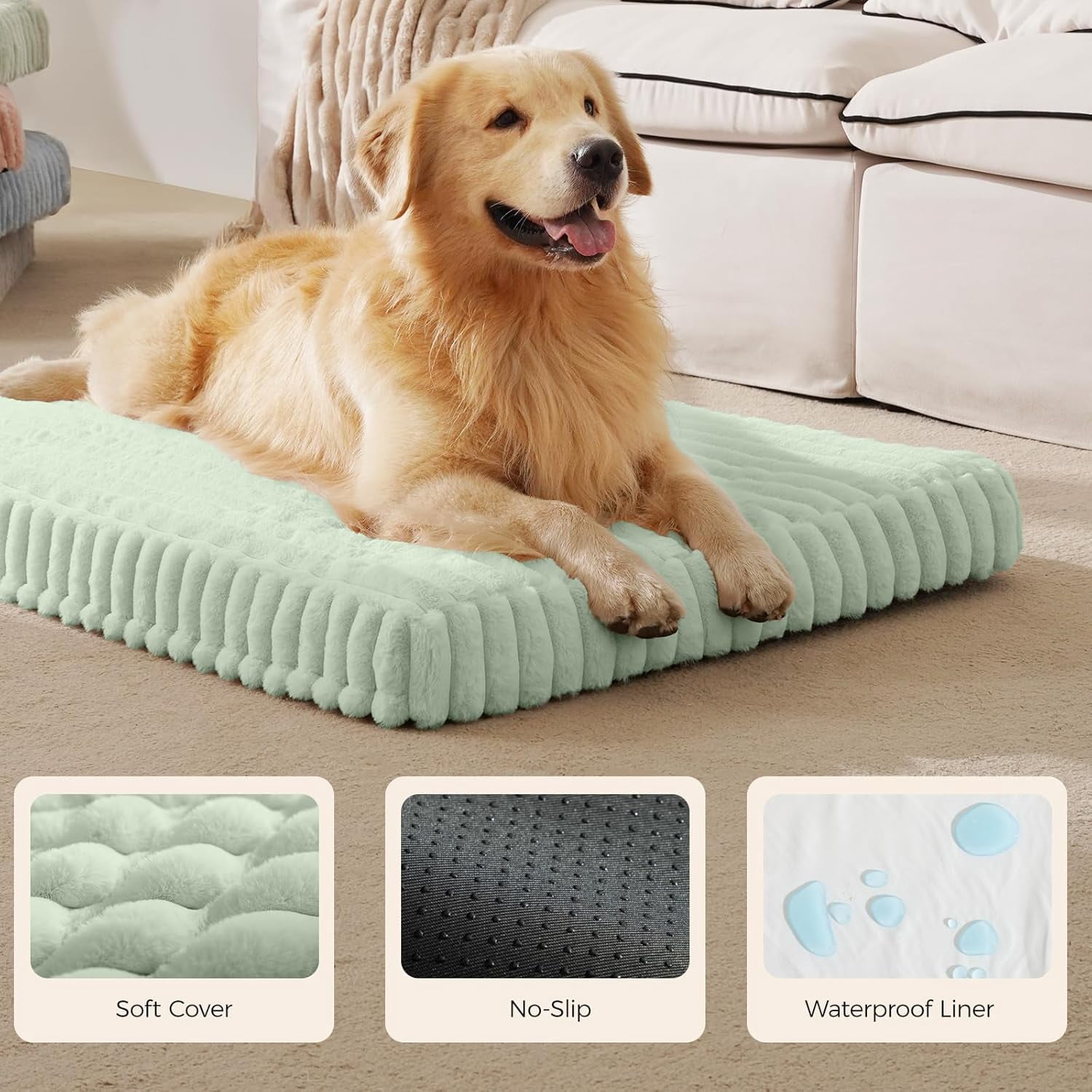Orthopedic Dog Bed for Large Dog, Waterproof Pet Bed for Crate,Non-Slip Bottom and Egg-Crate Foam with Removable Washable Cover Crate Bed,Green,35"x22"x3"
