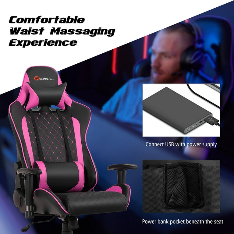 Goplus Massage LED Gaming Chair Reclining Racing Chair with Lumbar Support  and Footrest in Pink HW62042PI - The Home Depot