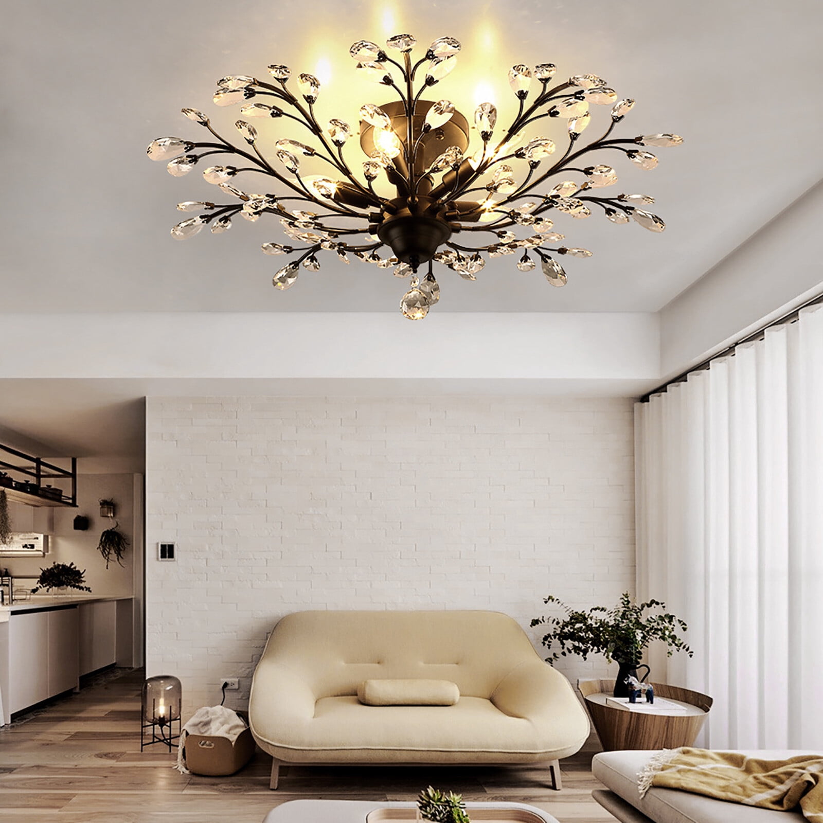 110V Vintage Crystal Pendant Lamp Flower Ceiling Light Fixture Chandelier for Living Rooms, Bedroom