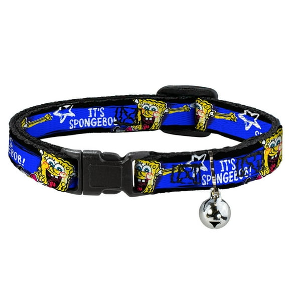 SpongeBob SquarePants Breakaway Cat Collar With Bell, Plastic Clip, Easy Adjustable, Spongebob Pose Its Spongebob Stripe Black Blue White, 8.5 to 12 Inches 0.5 Inch Wide