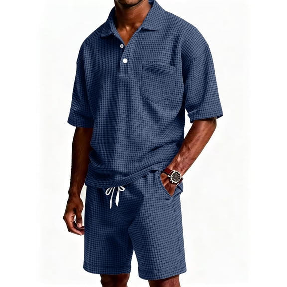 Mens Short Sets 2 Piece Outfits Waffle Knit Short Sleeve Polo Shirt and Shorts Set Summer Casual Tracksuit with Pocket Navy L