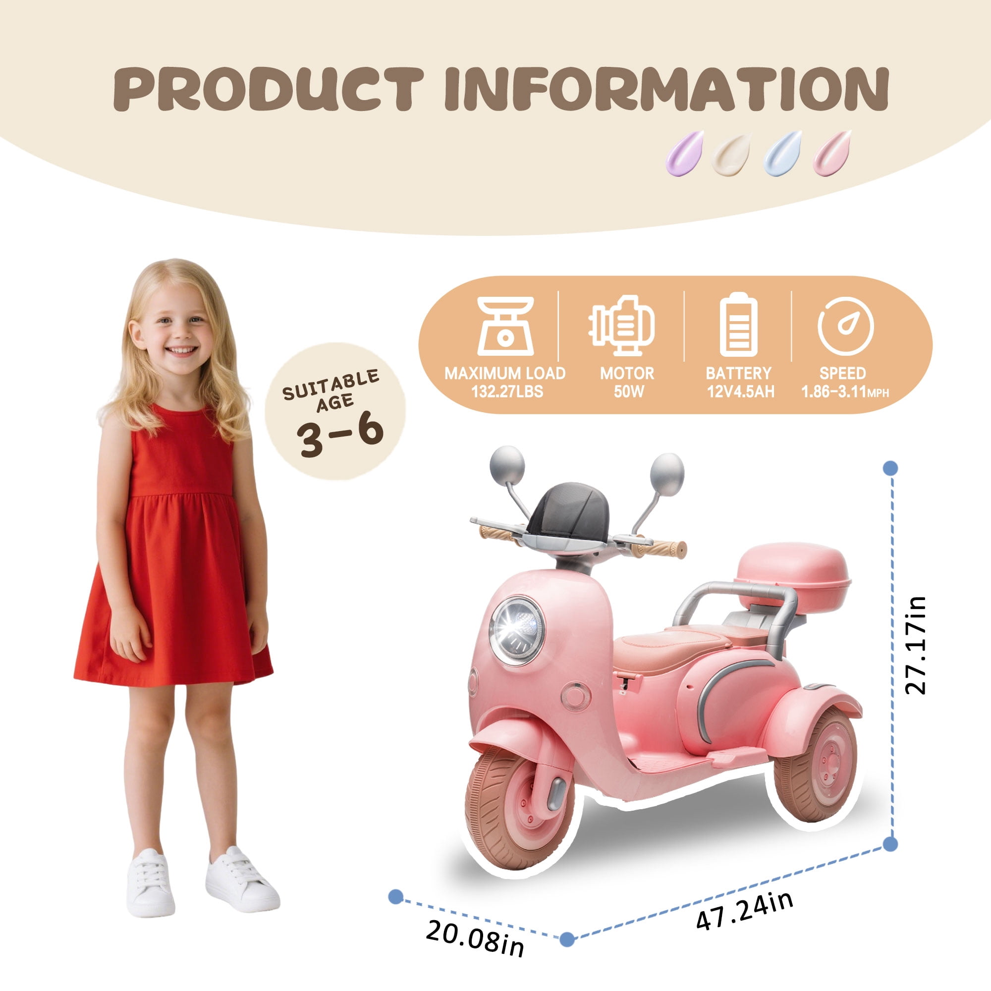 Xuanlur Upgrade 12V 2 Seater Dual Motor Kids Motorcycle, Girls Ride on Toys with Storage Compartments, Slow Start, USB, Bluetooth, Motorcycle for Kids Aged 3+(Pink)