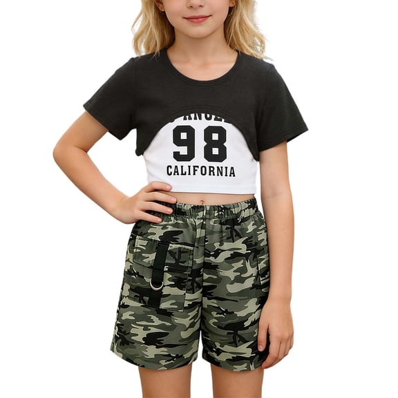 Tiijoy Big Girls Outfits Short Sleeve Crop Top Camisole Camo Cargo Shorts 3Pcs Set, Sizes 9-10
