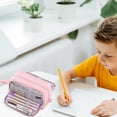 thumbnail image 4 of 3-Compartment Canvas Pencil Case, Large Capacity Storage Bag for Students, Multi-Function Organizer for Pens and Makeup, Pink, Green, 4 of 8