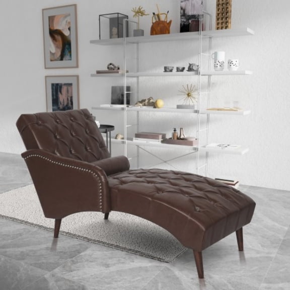 Chaise Lounge Chair with Pillow, Upholstered PU Leather Accent Chair with Tufted Back, Solid Wood Legs & Armrest, Indoor Reading Chaise for Living Room, Bedroom & Office, Dark Brown