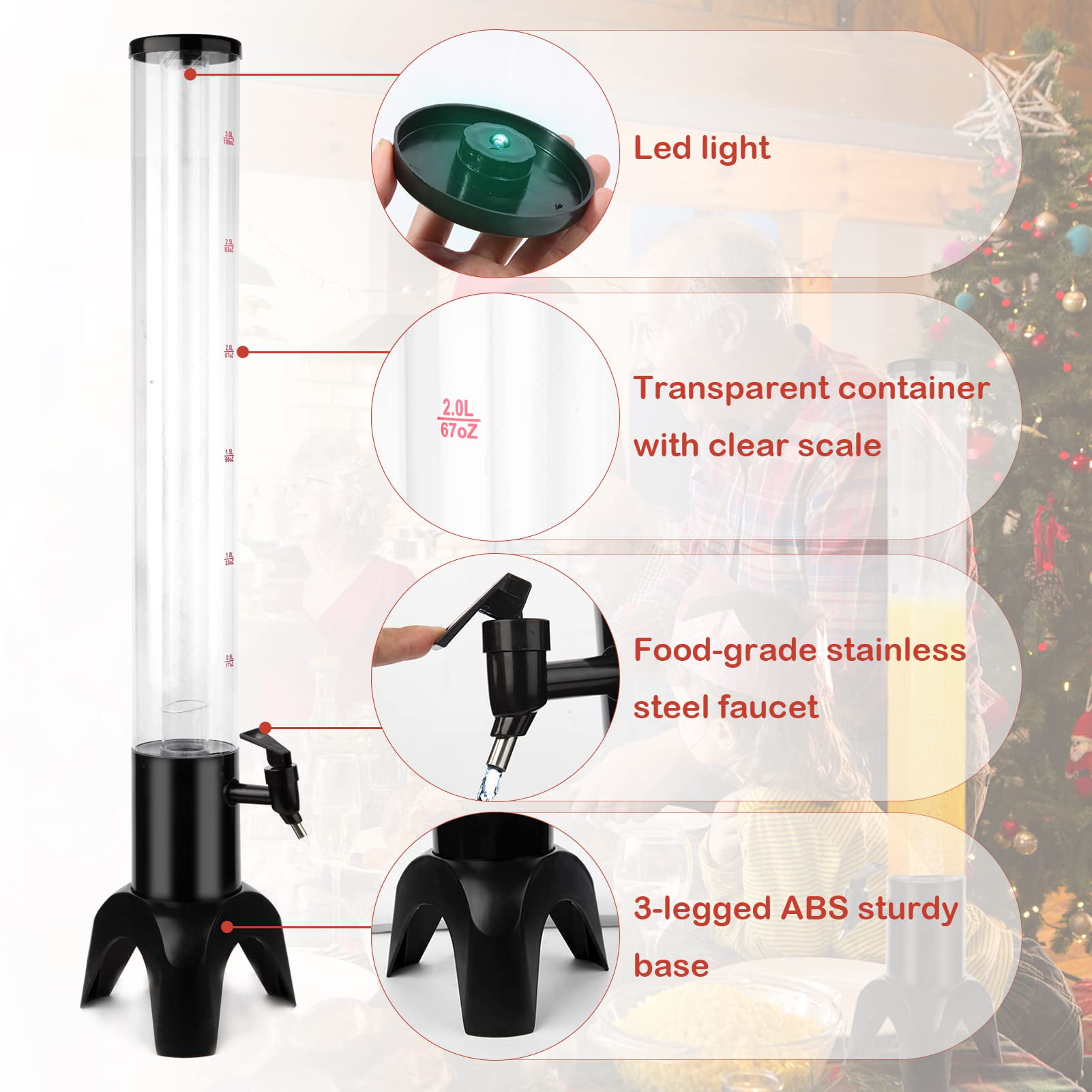 3L/100oZ Beer Tower Dispenser with Stainless Steel Tap and