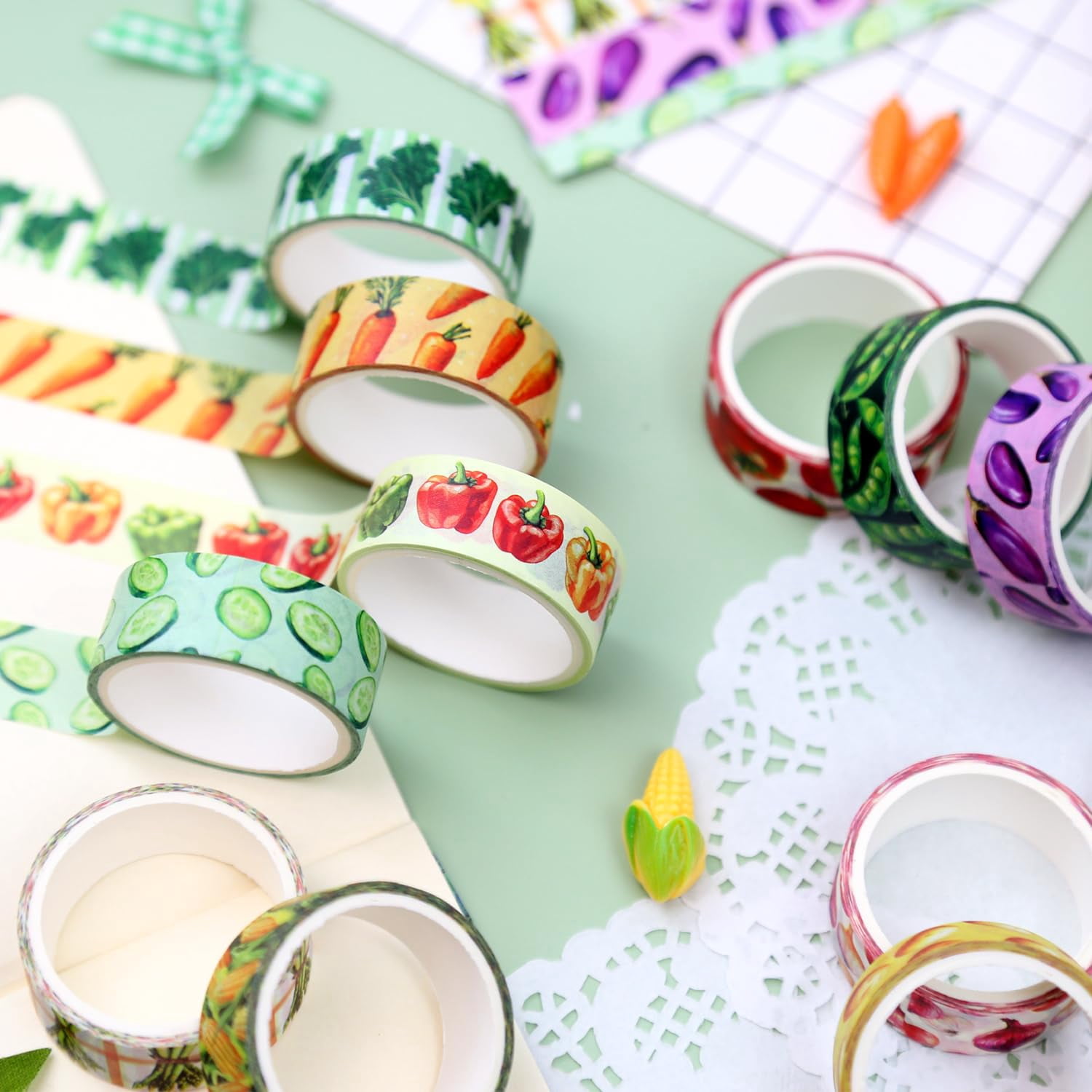 Vegetable Washi Tape Set of 12 Rolls, Cute Garden Pattern Decorative Tape, Tomato Carrot Corn Masking Tape for Journaling Supplies, Kitchen Planner, Garden Scrapbooking, Recipe Journal