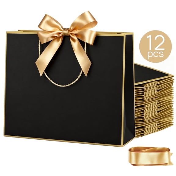 TickJOY 12 Pcs Gift Bags with Handles Medium Size - Birthday Gift Bags 12.6×9.8×4.3 inch for Gift Wrapping and Presenting - Durable, Elegant Design for Birthdays, Weddings & Parties, Black