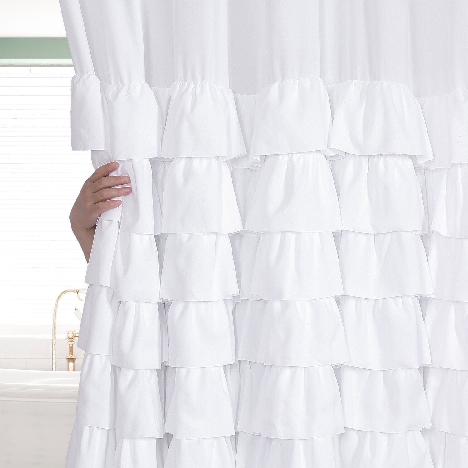 Farmhouse Style White Ruffle Shower Curtain 72" in Long & Wide (Arya