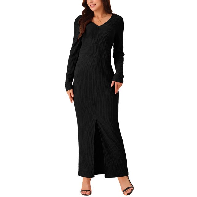 Vestido de cóctel maxi de punto de otoño con cuello redondo y manga larga de INSPIRE CHIC