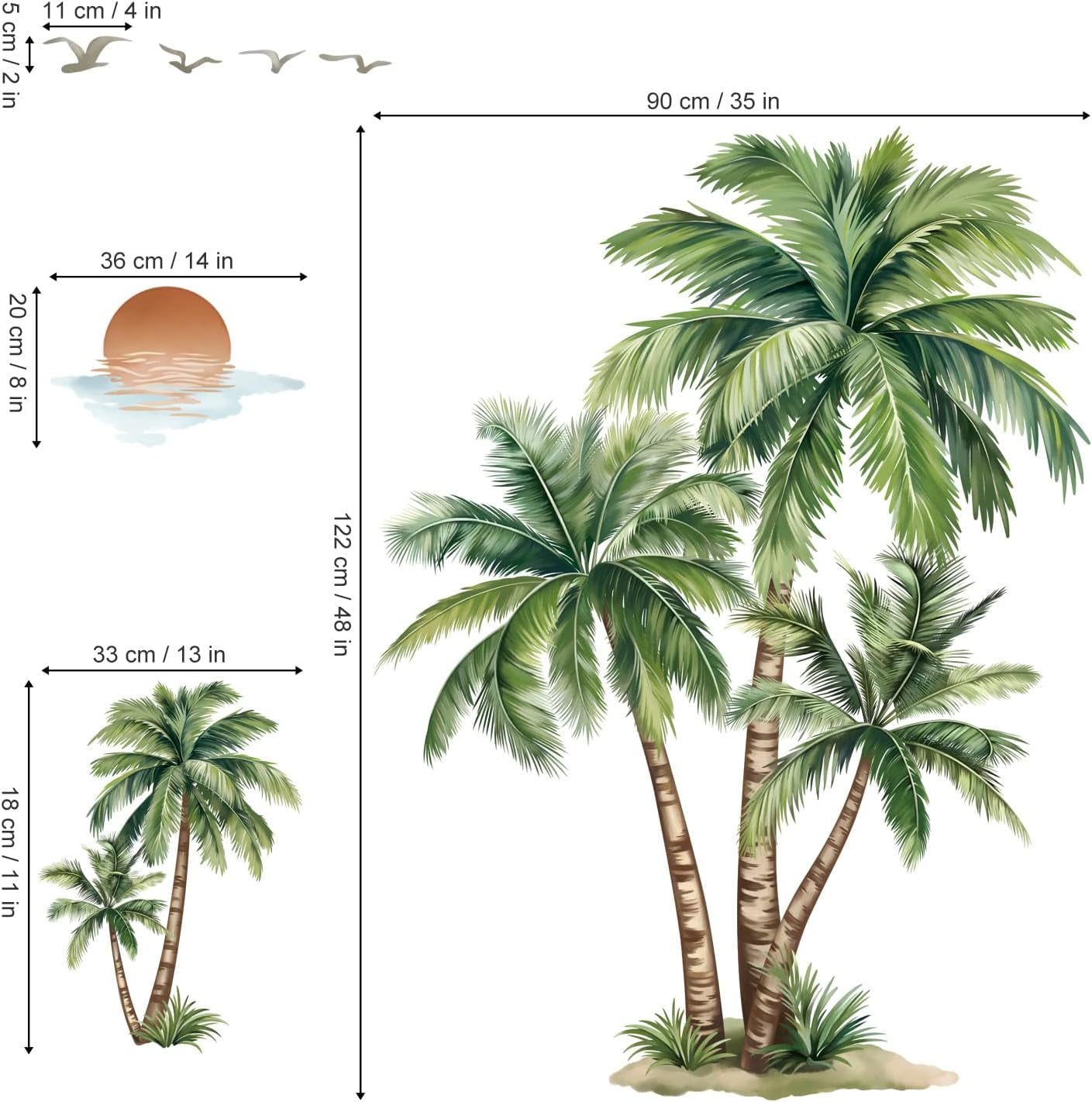 Large Palm Tree Wall Stickers Tropical Plants Coconut Tree Peel and Stick Wall Art Decals for Living Room Bedroom Sofa Background