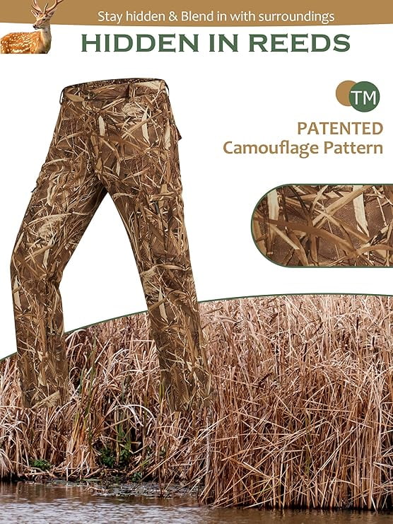 NEW VIEW Silent Camo Hunting Pants for Men Cold Weather, Fleece Lined Insulated Pants, Water-Resistant, Elastic Waist (Reeds Camo, L)