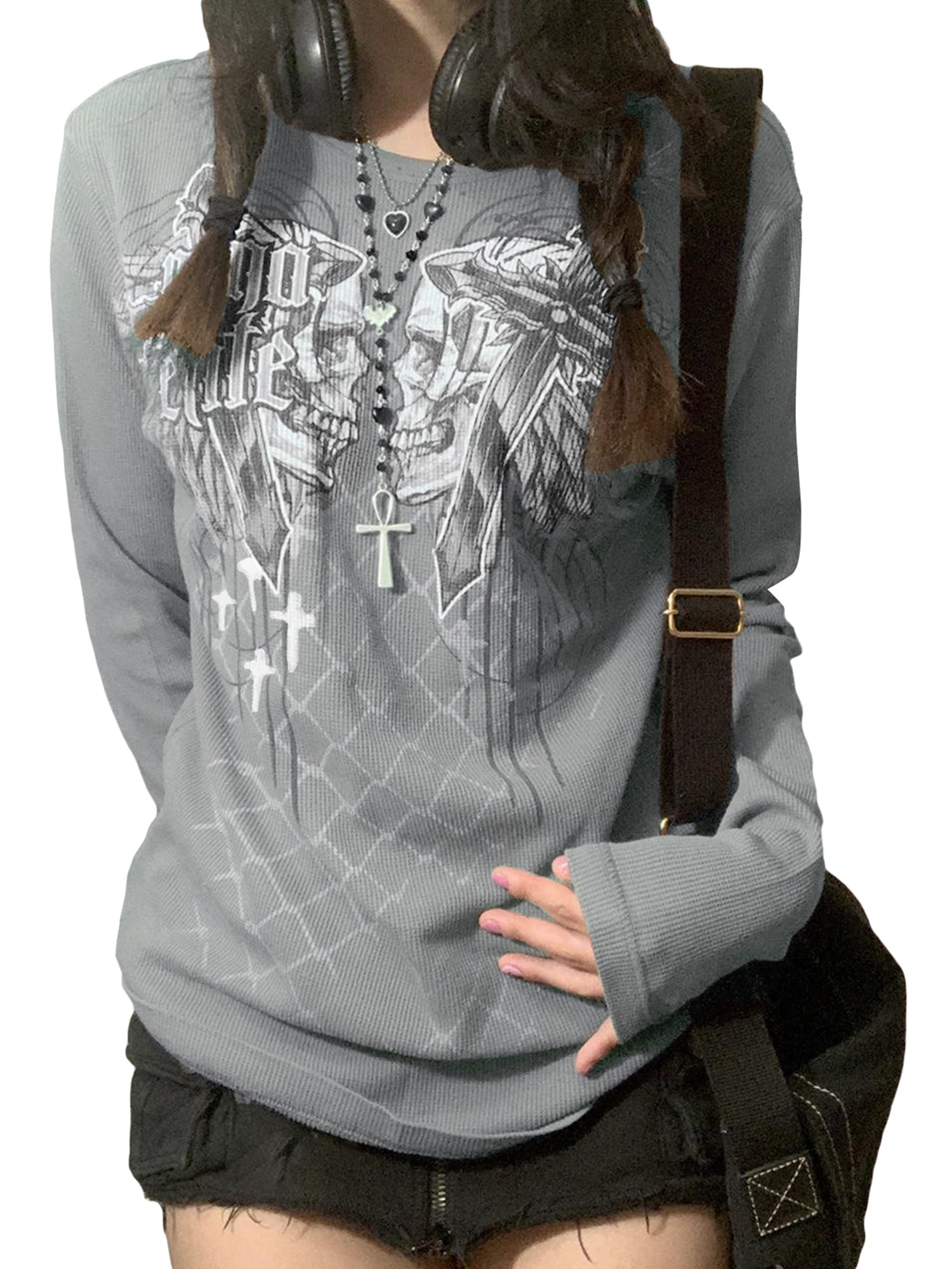 Fairy Grunge Long Sleeve Shirt Y2k Aesthetic Sweatshirts Skull Graphic Tees for Women 90s E-girl Blouse Top