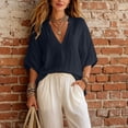thumbnail image 5 of ZToonmas Women's V-Neck Tunic Dress 3/4 Sleeve Notched Collar Casual Loose Fit Mini Dress, 5 of 9