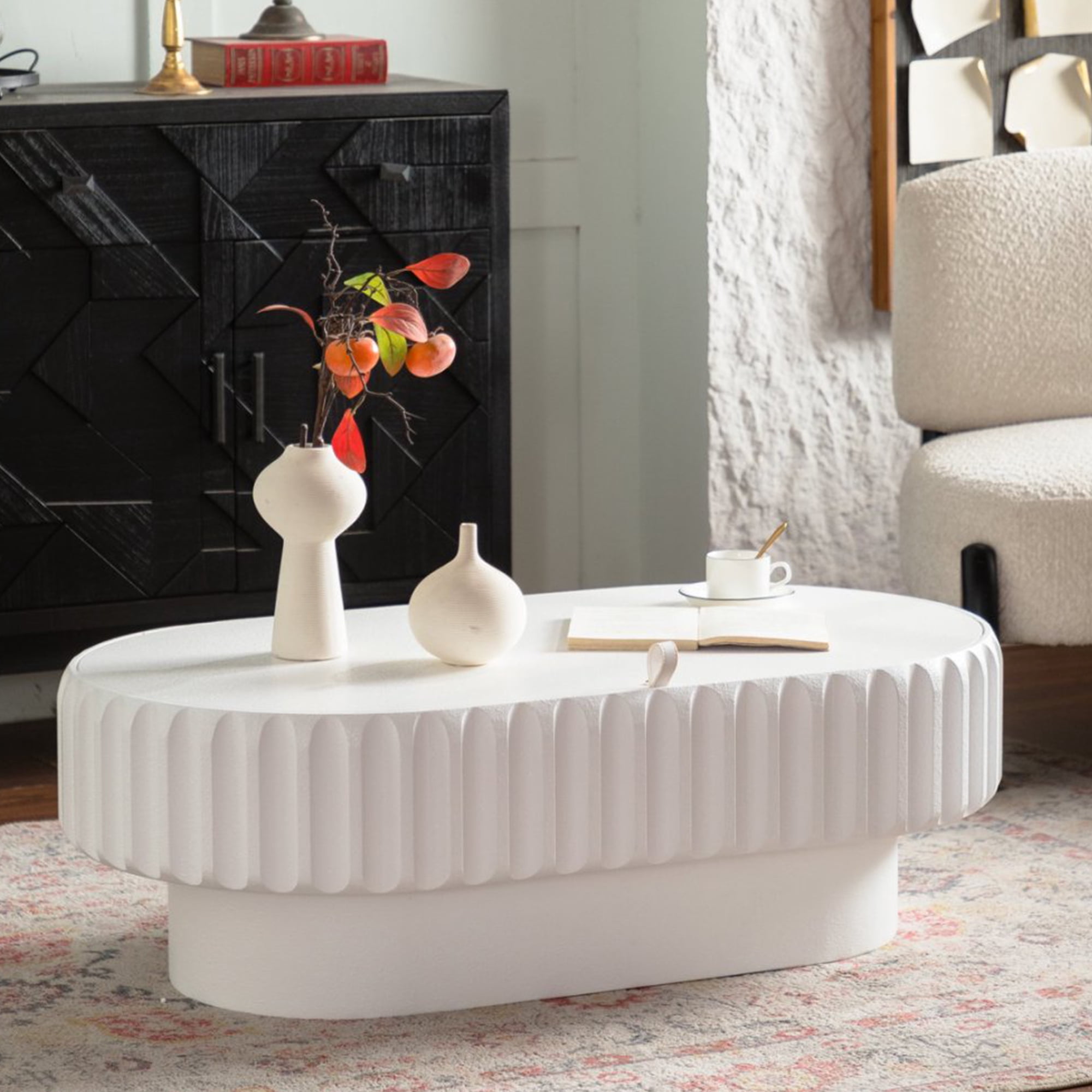 Leumius Coffee Table Fluted Storage Table with Lift-Off Lid, Sleek Texture for Living Room Apartment White