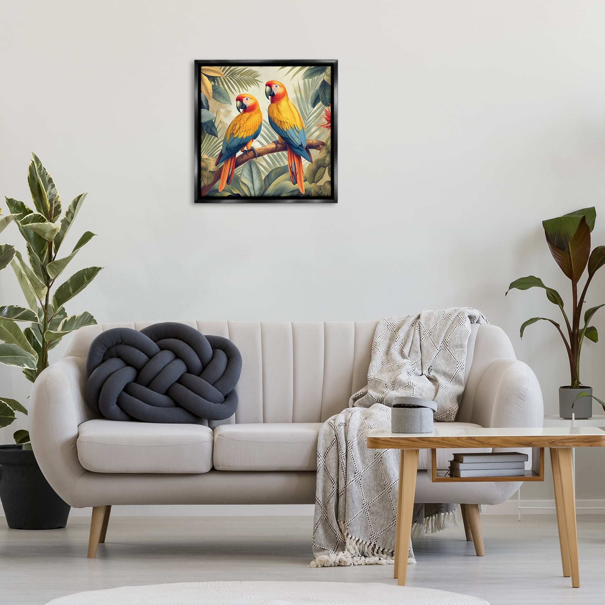 Stupell Industries Parrot Duo on Branch Animals Painting Black Floater Framed Canvas Art Print Wall Art, 25 x 25