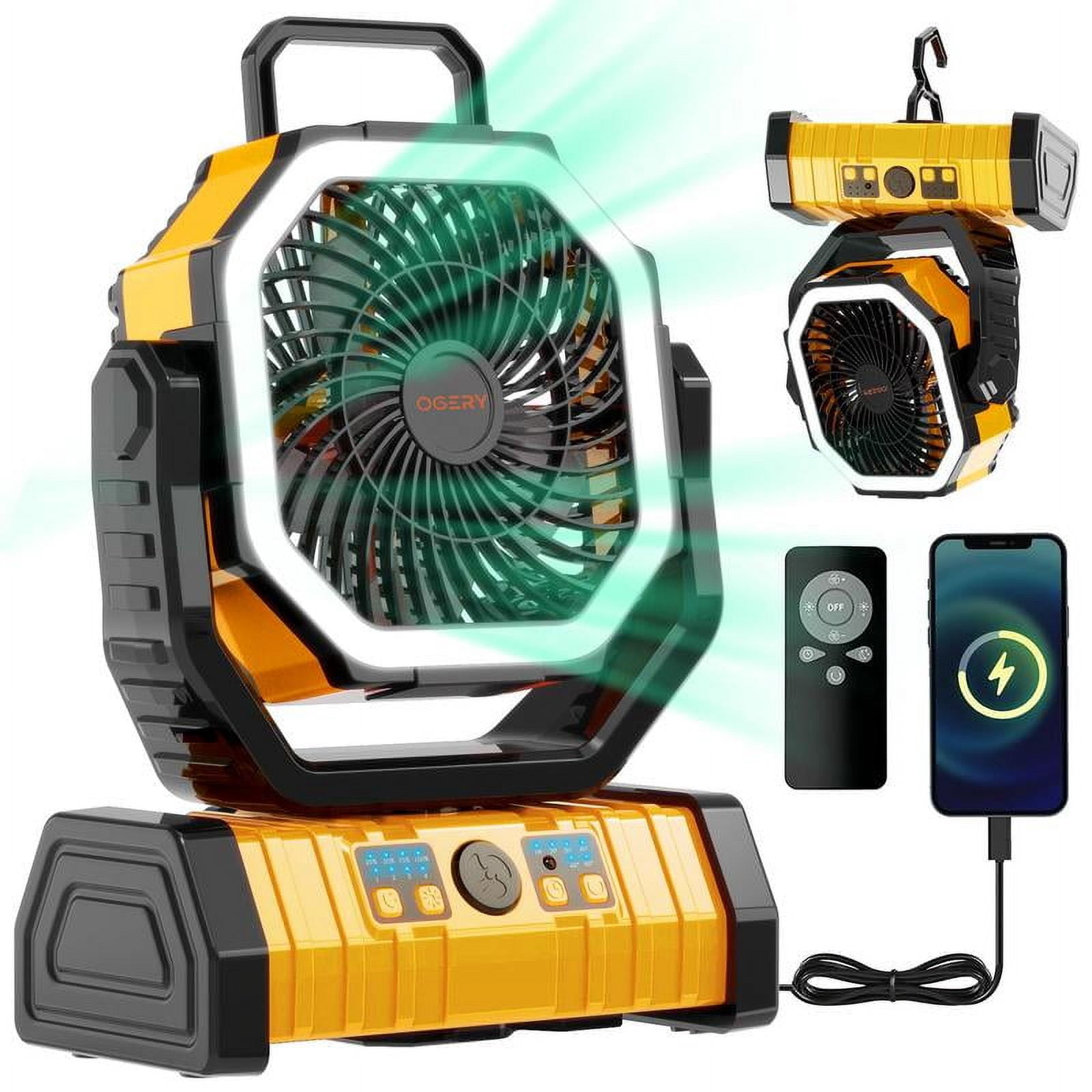 20000mAh Rechargeable Camping Fan with LED Light, Portable Multi-functional Fan with 360° Rotating Hook, Oscillating Emergency Camping Fan