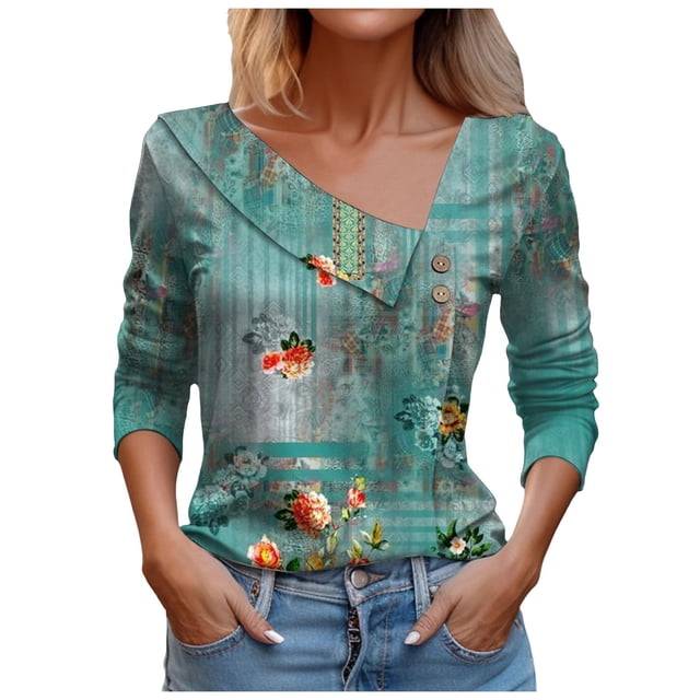 TSADFHJI Chemises pour Femmes Grande Taille Crop Col en V Boutons Manches Longues Chandail Décontracté TG Vert