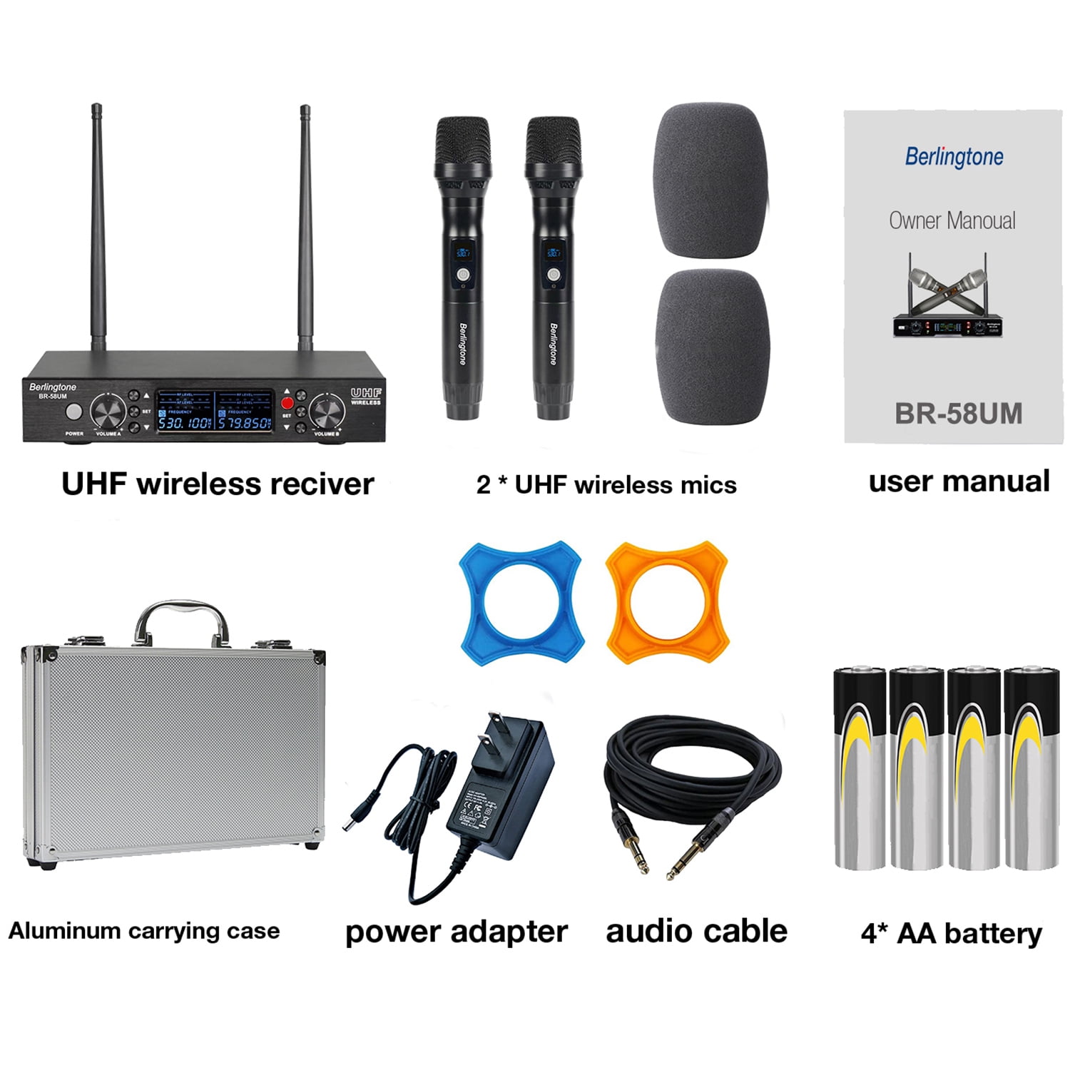 Berlingtone BR-58UM UHF Professional Handheld Wireless Microphone systems, 120- Adjustable Frequency Channel, Metal Mic/Base, Karaoke, DJ, Conference, Church, Meeting, Weddings, UP to 260ft Range