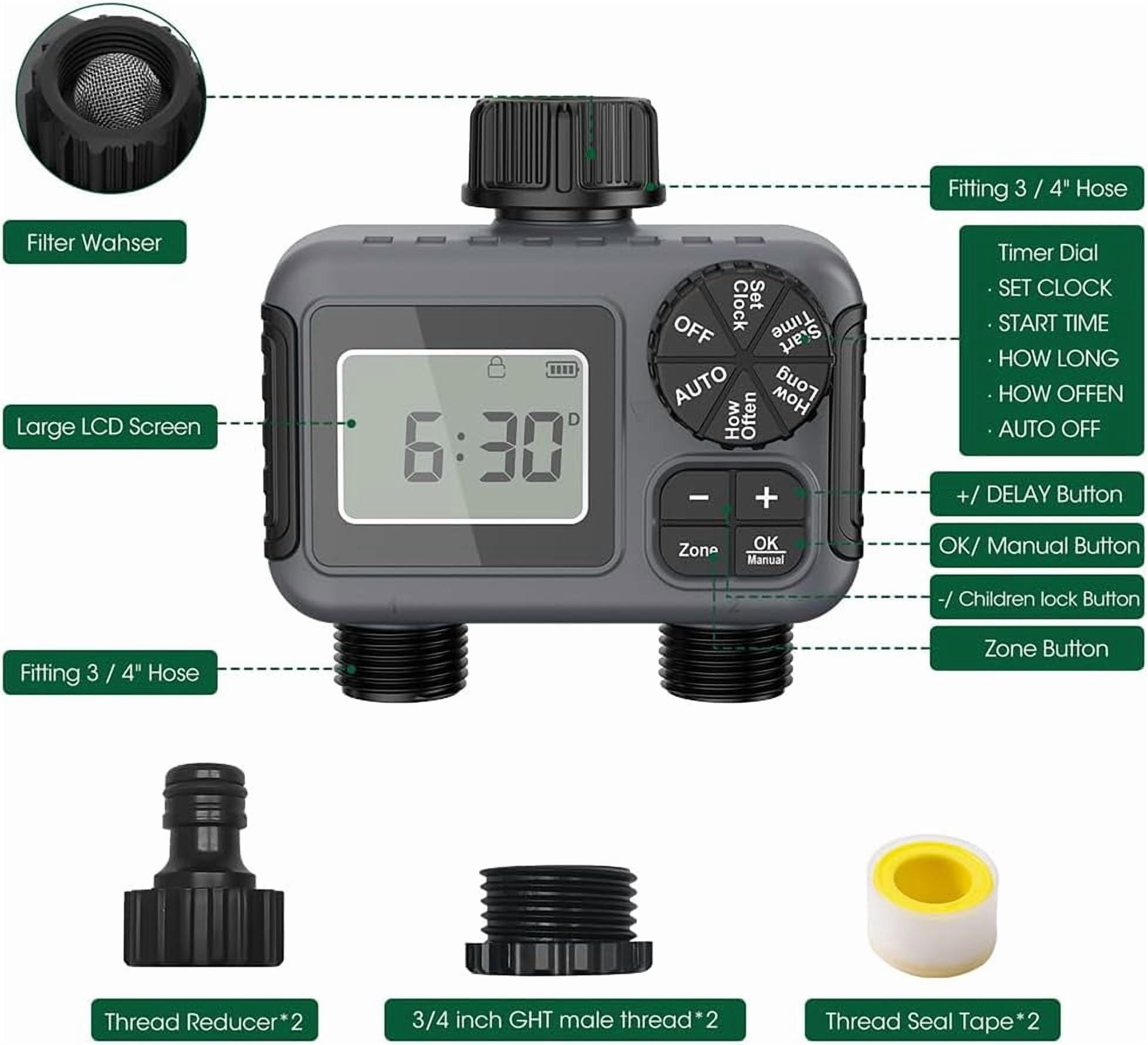 16-Nozzle Oscillating Sprinkler with Dual-Zone Sprinkler Water Timer, Heavy Duty Automatic Lawn Garden Irrigation System, Adjustable Spray Range & Width for Large Area Grass (No Timer)