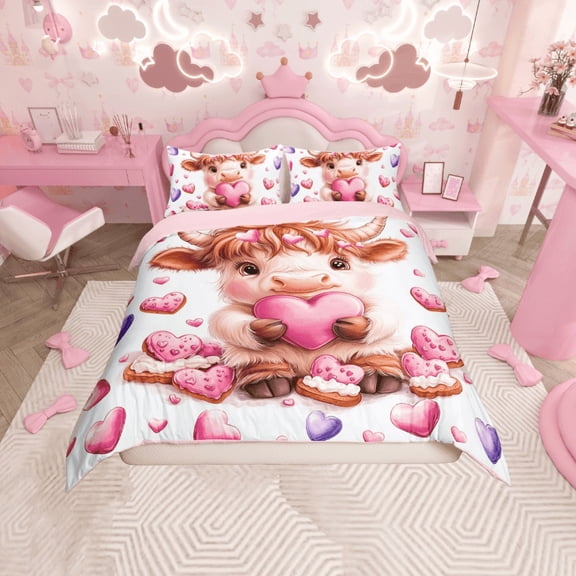 Erosebridal Cartoon Highland Bull Duvet Cover Twin, Pink Purple Love Heart Print Bedding Sets Twin Size, Reversible 2-Piece (No Comforter)