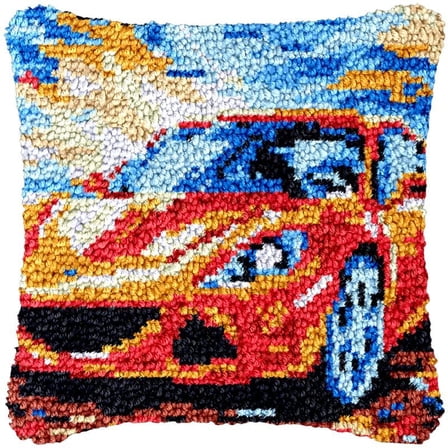 Latch Hook Pillow Cover Kits Sports Car for DIY Needlework Cushion Handmade Rug Cross Stitch Latch Hook Printed Pillowcase Hooking Kits Crochet Yarn Kits Needlework 17'' X 17''