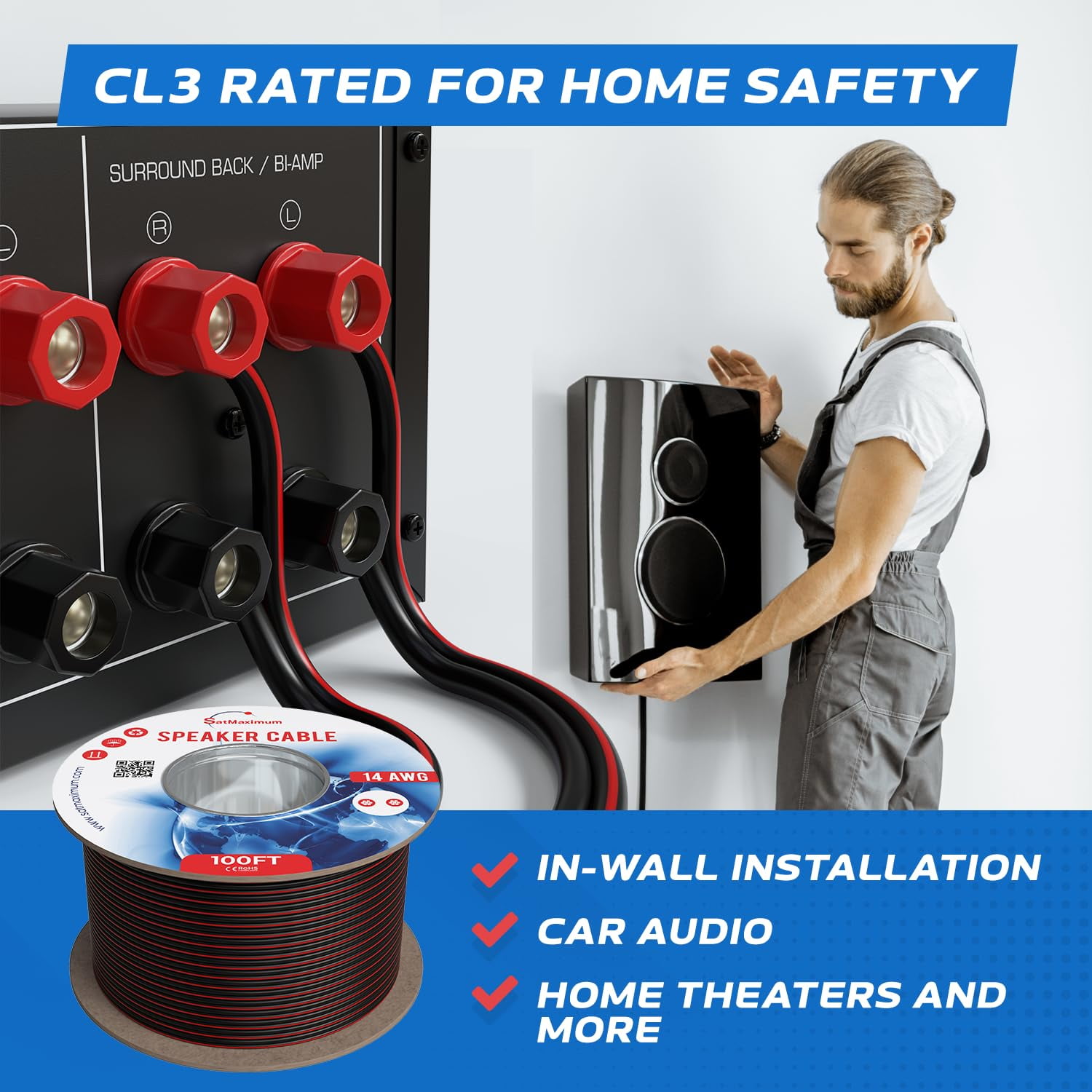 Cables Direct Online 16AWG CL3 Speaker Wire 500FT – 2-Conductor 16/2 Copper-Clad Aluminum Cable for Home Theater, Car Audio & Low Voltage Use
