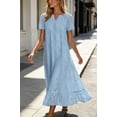 thumbnail image 3 of sicmoss Women's Blue Eyelet Lace Short Sleeve Midi Dress with Ruffle Hem Floral Cotton and Pocket, 3 of 7