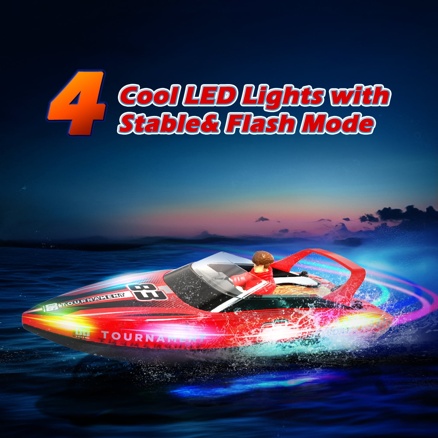 JoyStone 10 Inch RC Boat with LED Lights for Adults and Kids - 2.4Ghz Remote Control Boat for Pool and Lakes, Dual Motor & Low Battery Alarm, Gifts for 8-12 Boys Girls(Red)