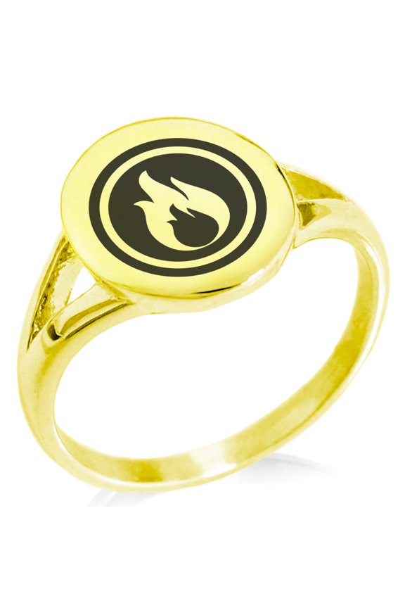 Stainless Steel Fire Element Rune Minimalist Oval Top Polished Statement Signet Ring