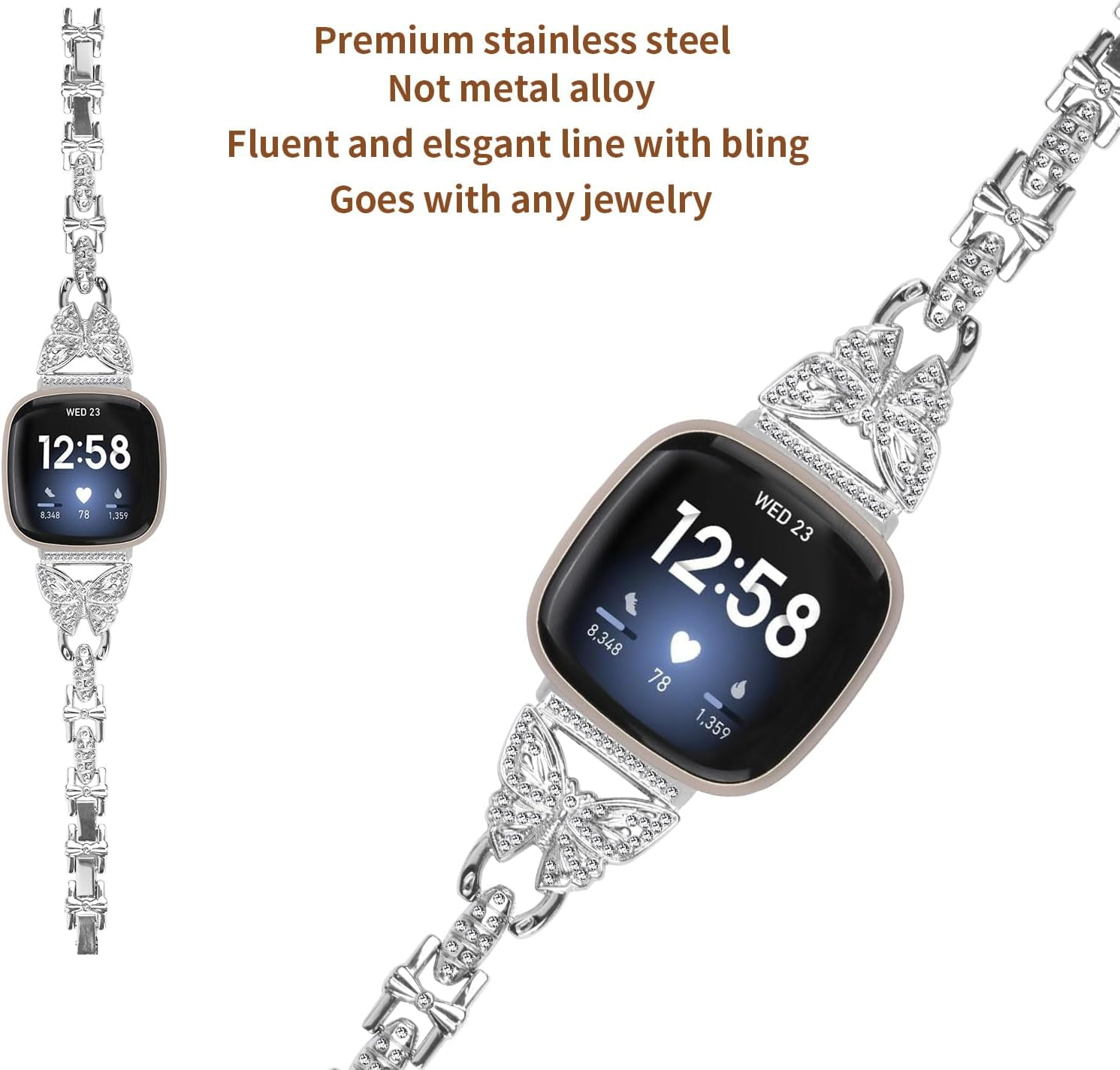 REQO Bling Bands Compatible with Fitbit Versa 4/Sense 2/Versa 3/Sense, Shinny Metal Bracelet Straps Luxurious Rhinestone Replacement Wristband for Women