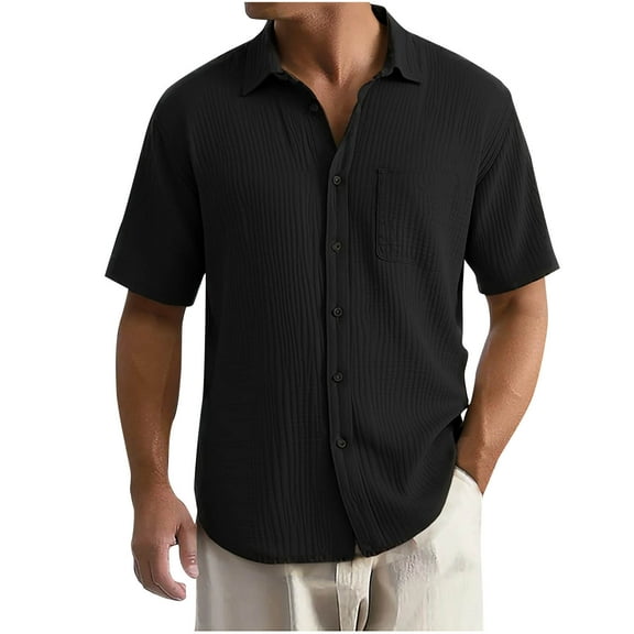 Men's Business Casual Shirts Fashion Solid Color Turn-Down Collar Button Short Sleeve Blouse Summer Tee Shirts