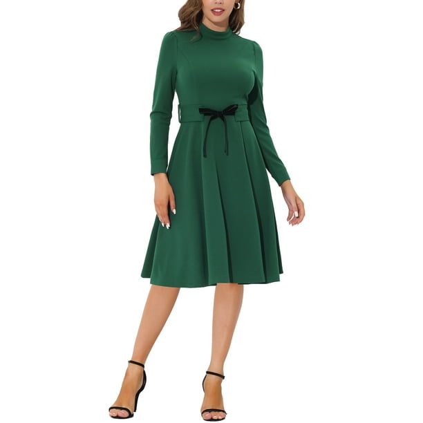 INSPIRE CHIC Ropa de Mujer Elegante para Trabajar con Cuello Alto y Manga Larga con Cintura Ajustable de Tejido Midi L Verde