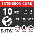 thumbnail image 2 of EP 10 Ft 12/3 SJTW Black Outdoor/Indoor Extension Cord, Durable Electrical Cable, 2 of 5