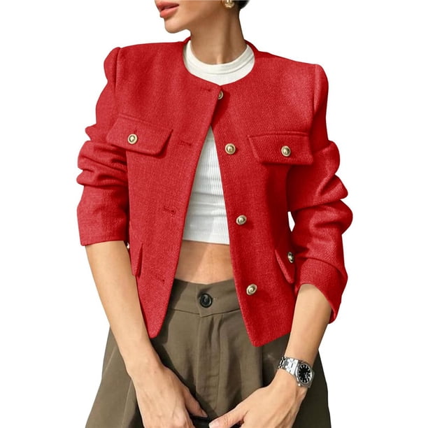 Chaqueta Blazer Corta para Mujer, Sin Cuello, con Botones, Estilo Casual de Negocios, Ideal para Otoño e Invierno. Rojo S