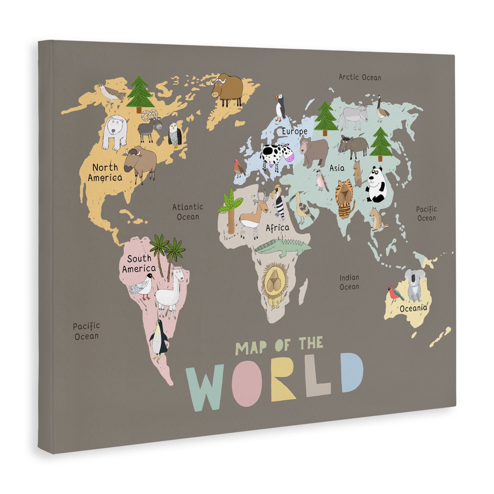 Kid's Map Of World Brown Canvas Wall Art, design by Carla Daly