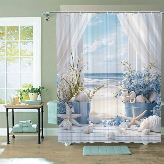 Window View Beach Hydrangea Starfish Seashell Coastal Print Waterproof Fabric Shower Curtain With Hooks Nautical Cottage Bathroom Decor