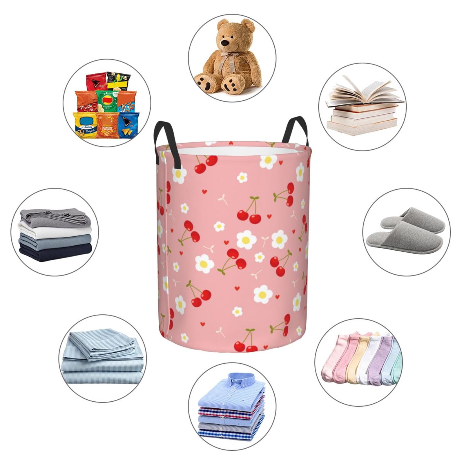 Large Laundry Basket with Handles - Cute Red Berry Flower Love Pink Kids Baby Dirty Clothes Laundry Hamper for Bedroom Aesthetic