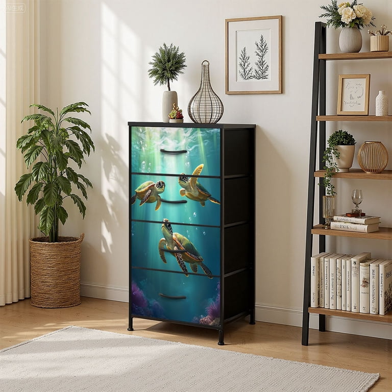 sea green dresser Turtle for Bedroom with 4 Storage Drawers Turtle Canvas Teal Watercolor Ocean Animal Painting Sea Dressers Chest of Drawers Steel Bodice Cuff