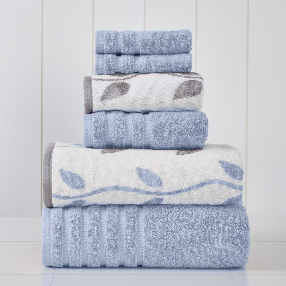 6 Piece Yarn Dyed Towel Set, Organic Vines, Blue