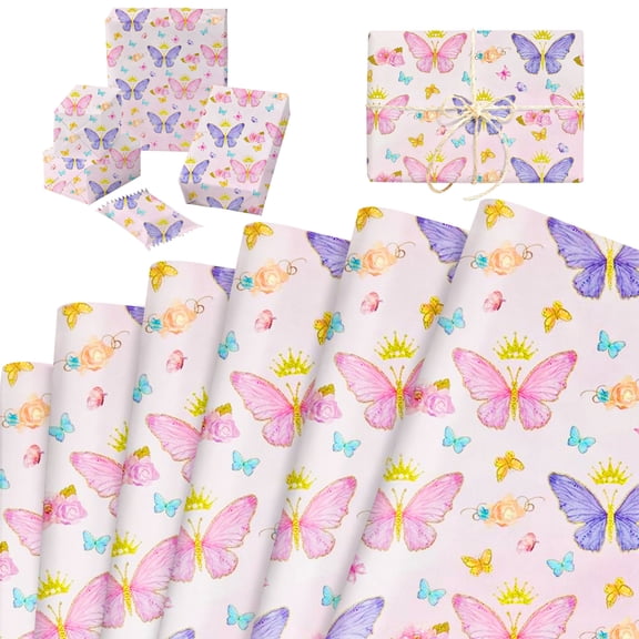 Pink Purple Butterfly Wrapping Paper - Romantic Princess Theme 6-Pack for Party Decor & Gift Wrapping