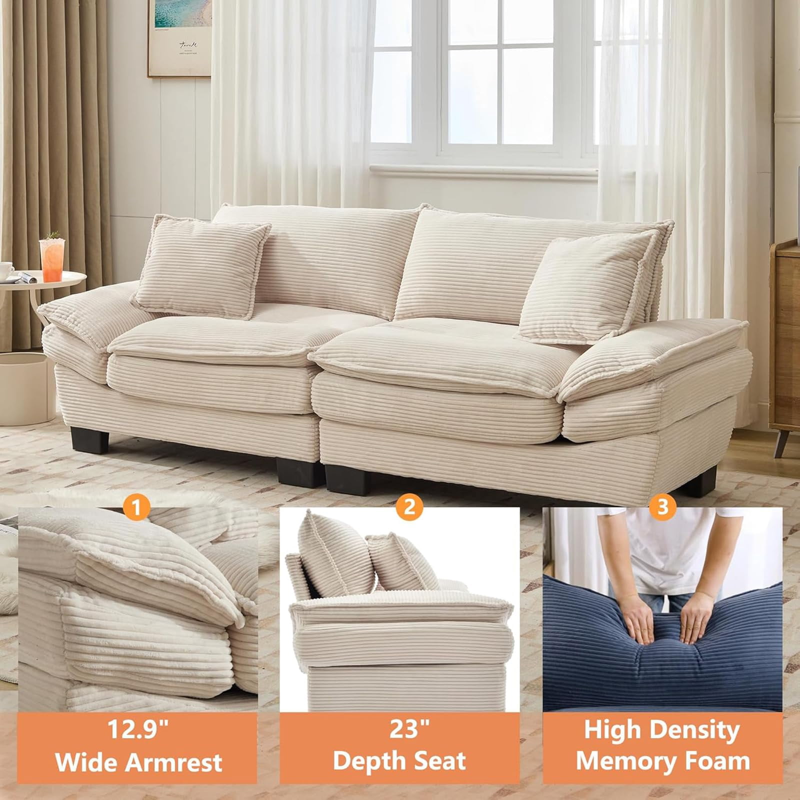 AENKYO 84" Corduroy Loveseat Sofa with Pillows, Modern 2-Seater Couch for Living Room,Beige