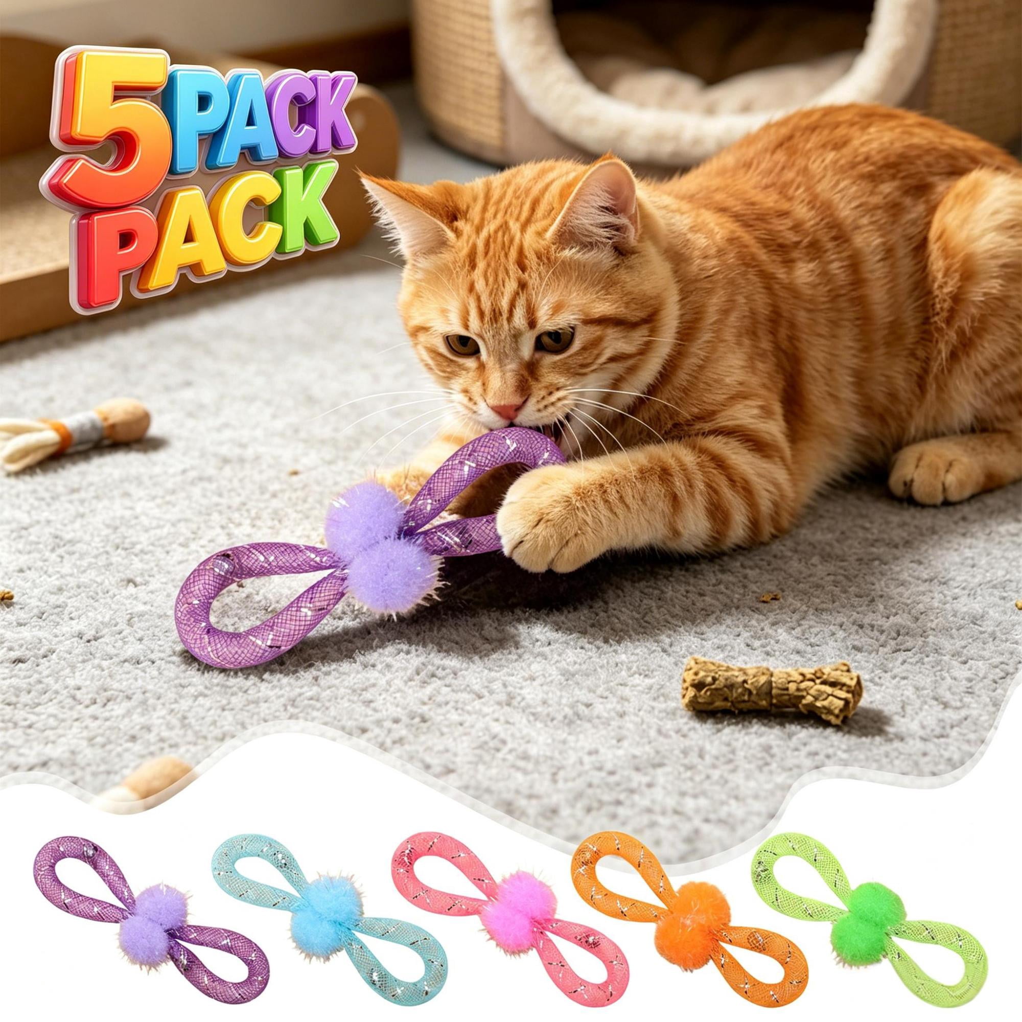 Qocolcyl 5 Pack Mesh Bow Tie Cat Toys Crinkle Bell Interactive Kitten Chew Teething Rings Durable Breathable No Filler Anxiety Relief Boredom Breaking Play Toy for Indoor Cats Multicolor