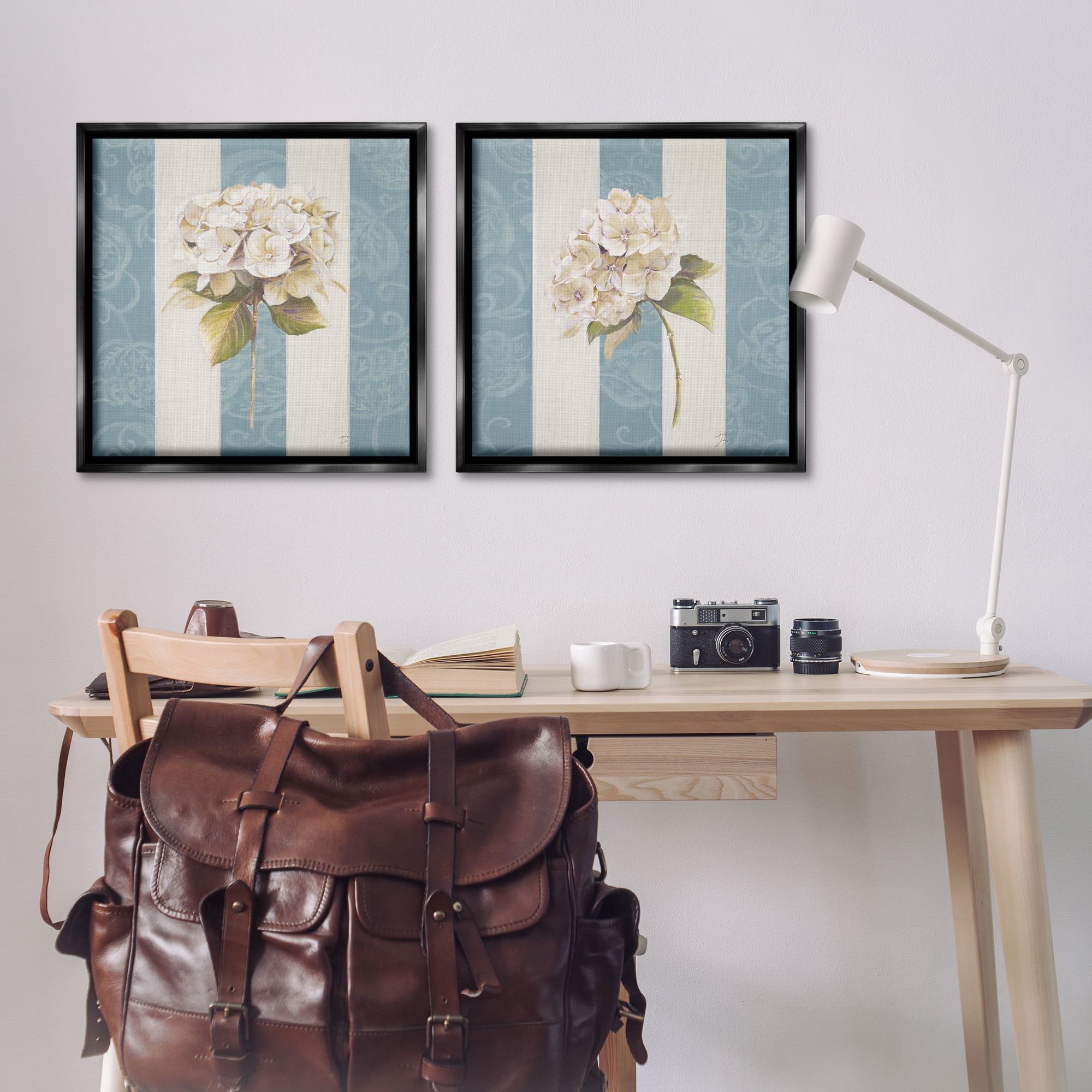 Stupell Industries Hydrangeas on Blue Strips Floral & Botanical Painting Black Floater Framed Canvas Art Print Wall Art, 25 x 25, Set of 2