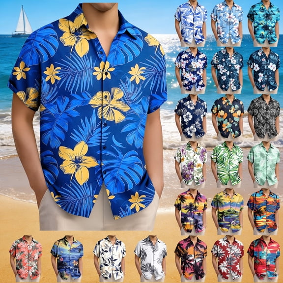 Pvkarhg Hawaiian Shirt for Men Short Sleeve Button Down Shirts Tropical Print Casual Shirt Loose Lightweight Summer Beach Vacation Shirts Multicolor 2XL