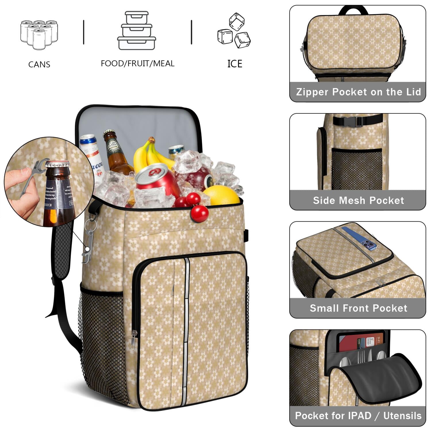 Travel Cooler Bag - Golden Christmas Pattern Camping Beer Cooler Backpack with Bottle Opener- Waterproof Insulated Picnic Backpacks - Cooler Bag for Beach